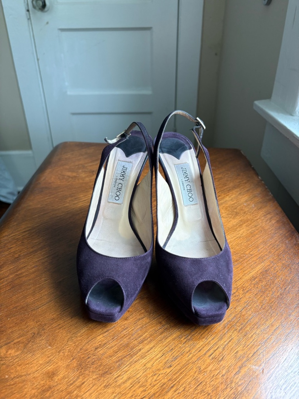Jimmy Choo Purple Suede Peep-Toe Slingback Heels